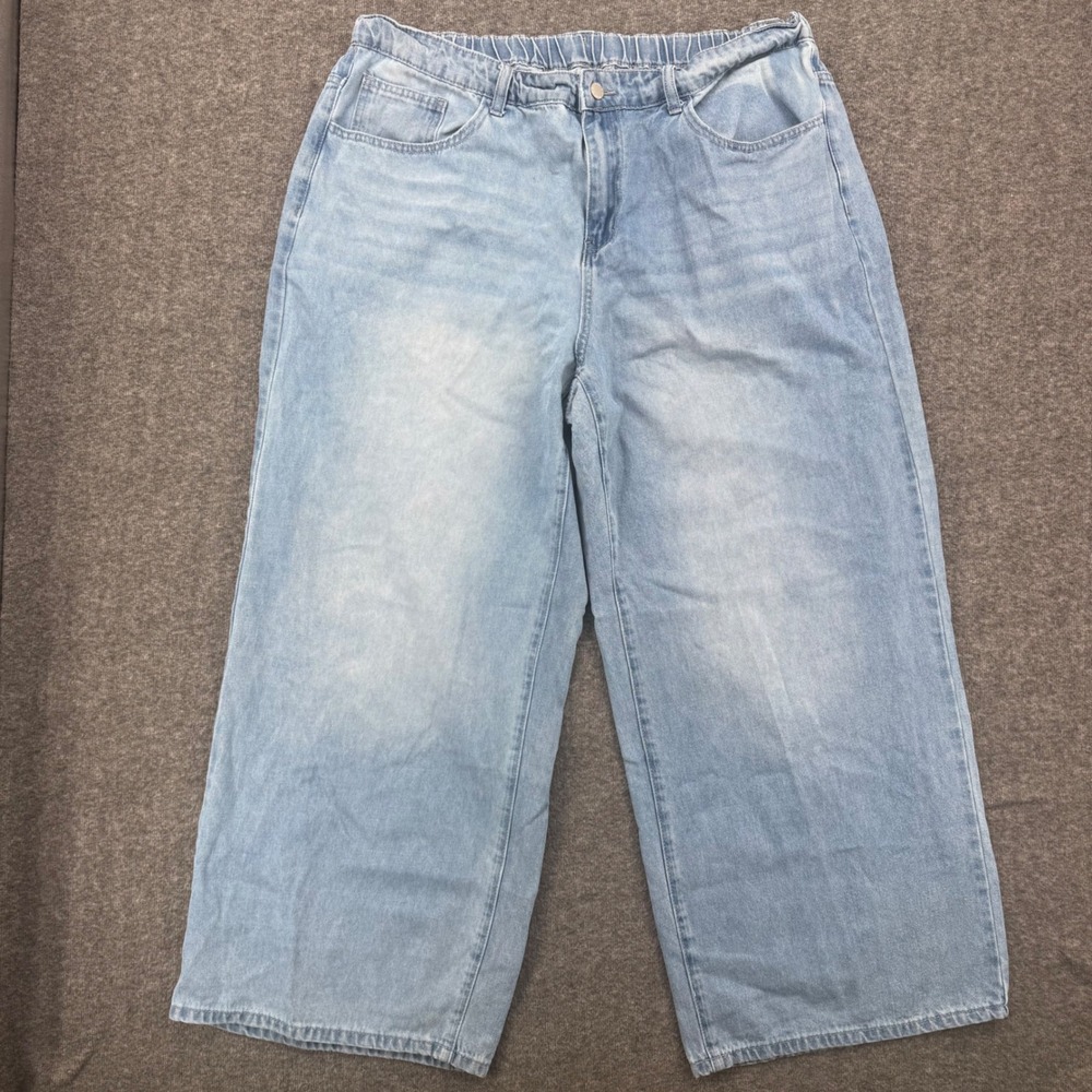 Womens Light Wash Super Wide Leg High Waisted Elastic Back Denim Jeans Ankle